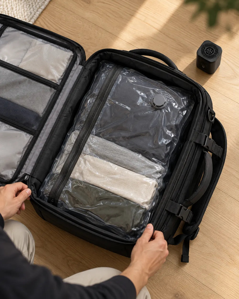 Clothes sealed flat in the VAKT Pack's clear liner, pump beside it