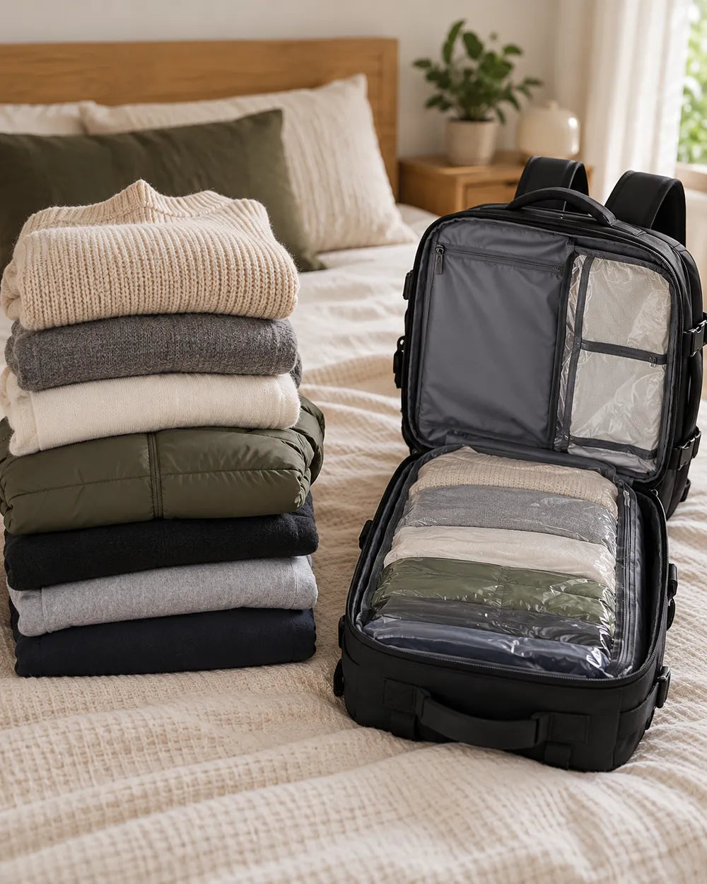 A tall pile of clothes next to the same clothes sealed flat in the VAKT Pack