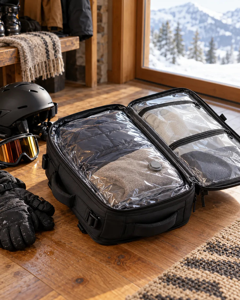 VAKT Ski Pack open on a lodge floor, ski layers sealed flat, helmet and goggles beside it