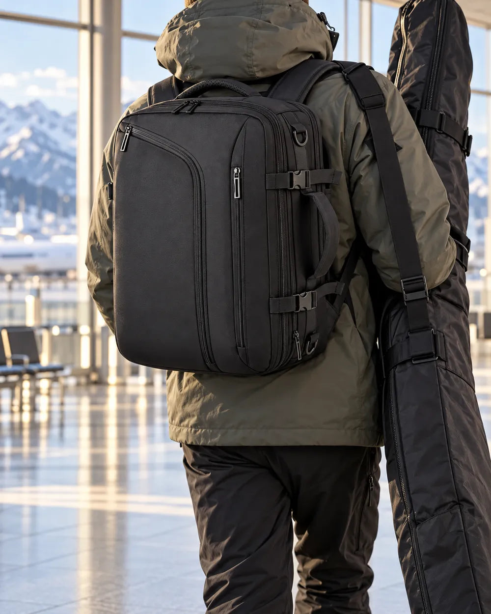 A skier in an airport with the VAKT Pack on their back and a ski bag on one shoulder
