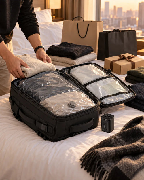 VAKT Haul Pack open on a hotel bed, clothes sealed flat, shopping bags around it