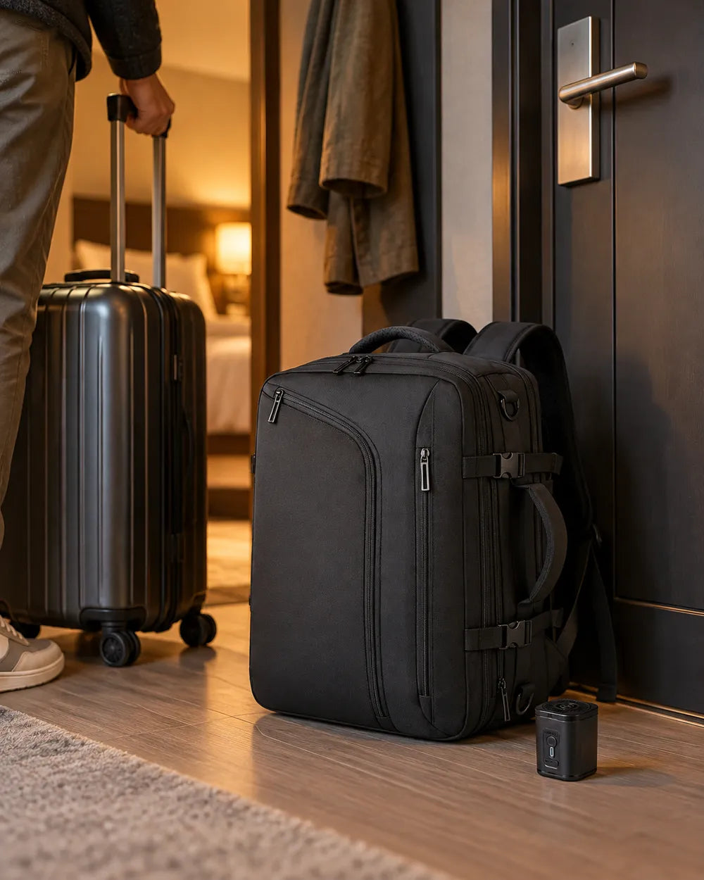 The VAKT Pack packed by a hotel room door