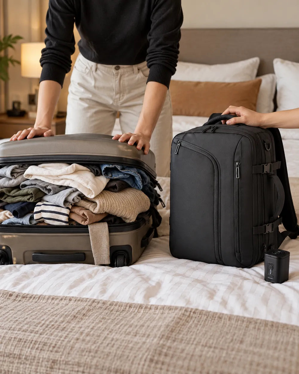 An overstuffed suitcase next to the zipped VAKT Pack